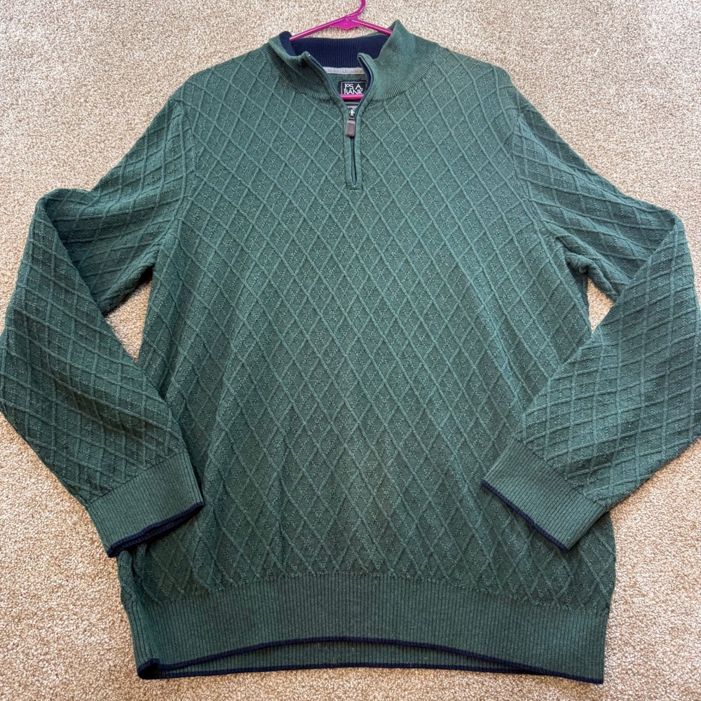 Jos A Bank Traveler Mens Large Green 100% Pima Diamond Knit 1/4 Zip Sweater
